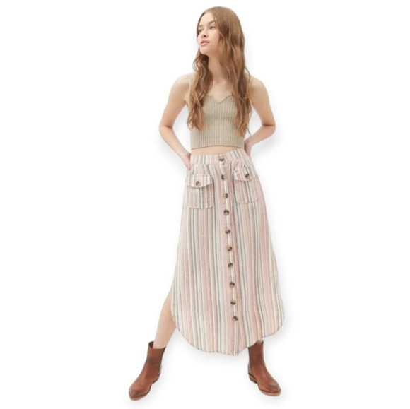 Urban Outfitters Carson Linen Blend Button Front Striped Midi Skirt Medium - Picture 16 of 16